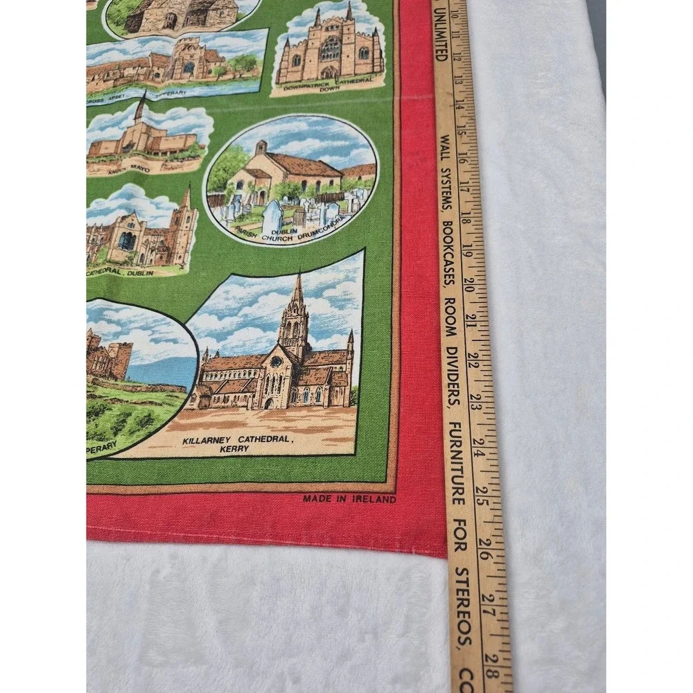 Cathedrals of Ireland & Churches Tea Towel Green Red Border Cotton